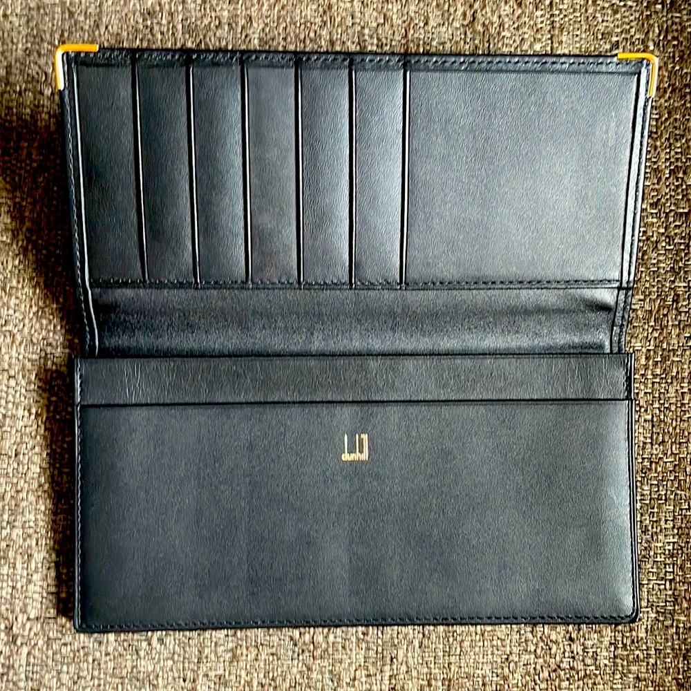 Dunhill unisex wallet. Luxurious black leather with gold accents. Slim 7x4”!